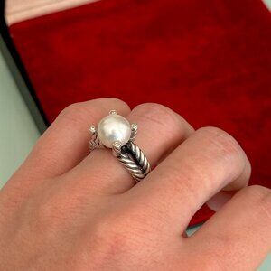 David Yurman Sterling Silver Cable Ring with Pearl & Diamonds – SIZE 7